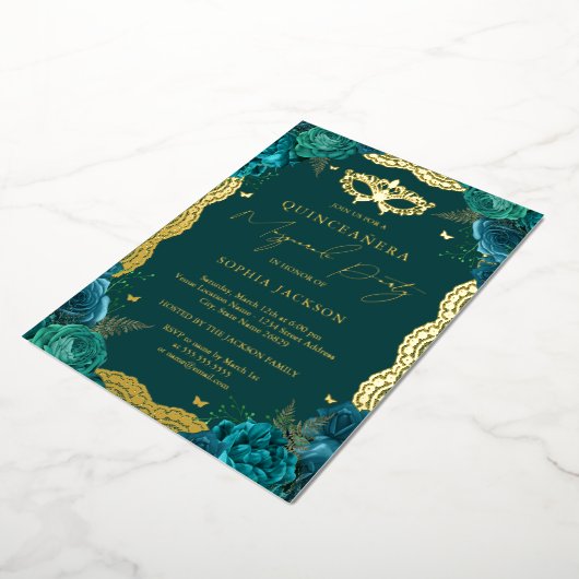 仮装パーティーティール（緑がかった色）フローラレースキンセアニェラ 箔招待状 (回転した状態)