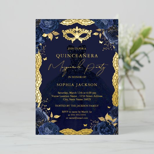 仮装パーティーネイビーフローラドレスキンセアニェラフォイ 箔招待状 (立ち正面)