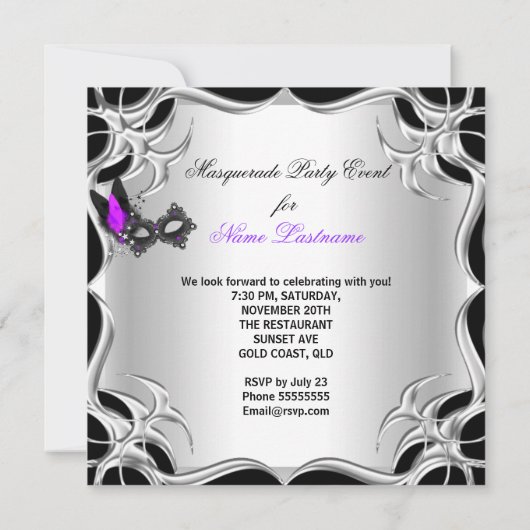 仮装パーティーパープルシルバーブラックマスク 招待状 (裏面)