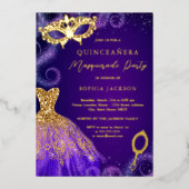 仮装パーティーパープル金ゴールドドレスキンセアニェラ 箔招待状 (正面)