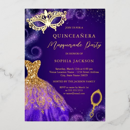 仮装パーティーパープル金ゴールドドレスキンセアニェラ 箔招待状 (正面)