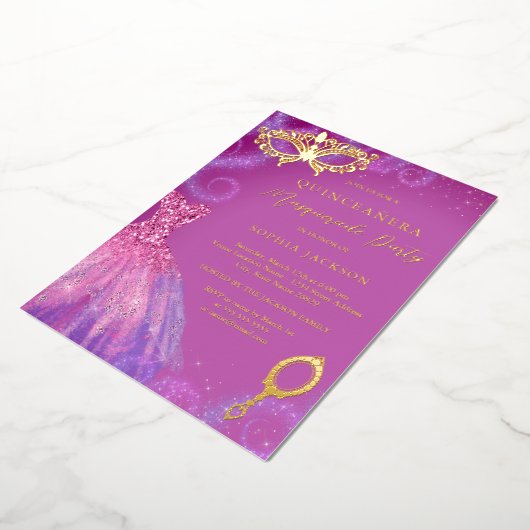 仮装パーティーピンクパープルドレスキンセアニェラ 箔招待状 (回転した状態)