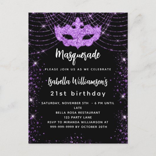 仮装パーティーブラック紫グリッターマスク インビテーションポストカード (正面)