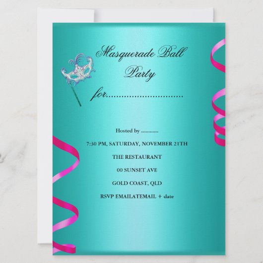 仮装パーティーマスクティール（緑がかった色）ピンクメタリック2 招待状 (裏面)