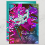 仮装パーティーマスクティール(緑がかった色)ピンクメタリック2 招待状 (正面/裏面)