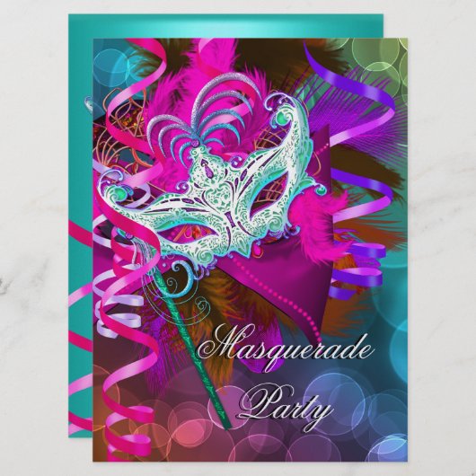 仮装パーティーマスクティール（緑がかった色）ピンクメタリック2 招待状 (正面/裏面)