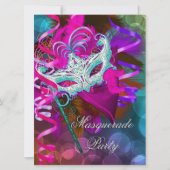 仮装パーティーマスクティール（緑がかった色）ピンクメタリック2 招待状 (正面)