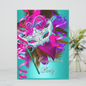 仮装パーティーマスクティール（緑がかった色）ピンクメタリック 招待状 (スタンド正面)