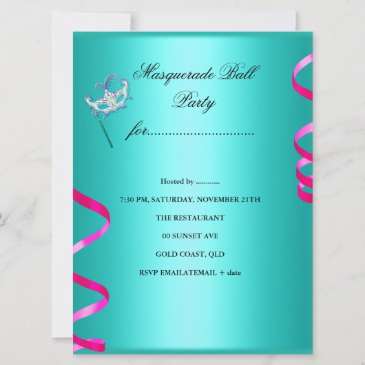仮装パーティーマスクティール（緑がかった色）ピンクメタリック 招待状 (裏面)