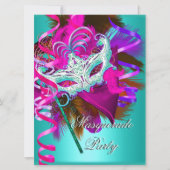 仮装パーティーマスクティール（緑がかった色）ピンクメタリック 招待状 (正面)