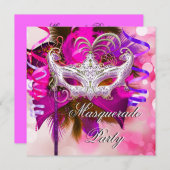 仮装パーティーマスクブラックパープルピンクマルディグラ 招待状 (正面/裏面)