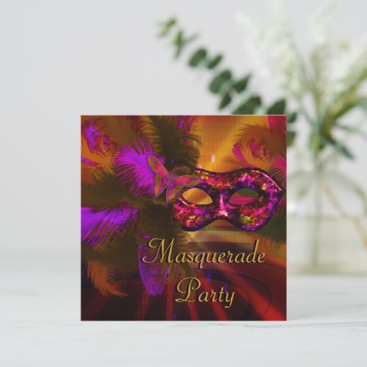 仮装パーティーマスクブラックパープルレッドマルディグラ 招待状 (スタンド正面)