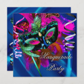仮装パーティーマスクブラックブルーピンクマルディグラ 招待状 (正面/裏面)