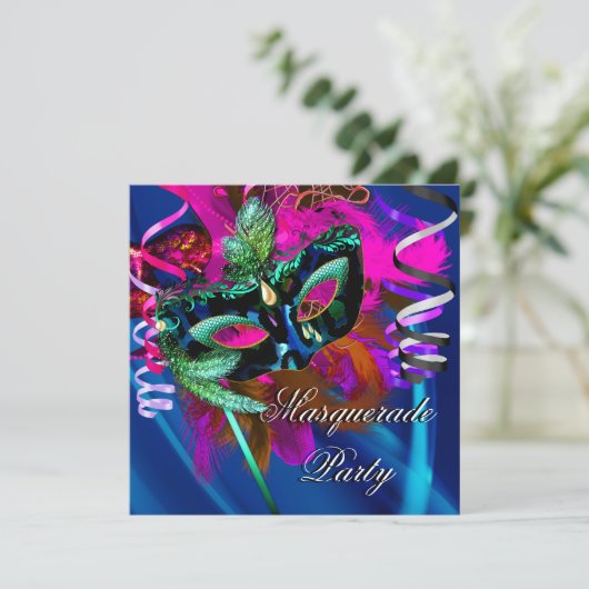 仮装パーティーマスクブラックブルーピンクマルディグラ 招待状 (スタンド正面)