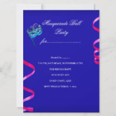 仮装パーティーマスクブルーティール（緑がかった色）ピンクメタリック 招待状 (裏面)