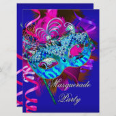 仮装パーティーマスクブルーティール（緑がかった色）ピンクメタリック 招待状 (正面/裏面)