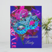 仮装パーティーマスクブルーティール（緑がかった色）ピンクメタリック 招待状 (スタンド正面)