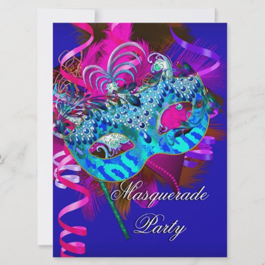 仮装パーティーマスクブルーティール（緑がかった色）ピンクメタリック 招待状 (正面)