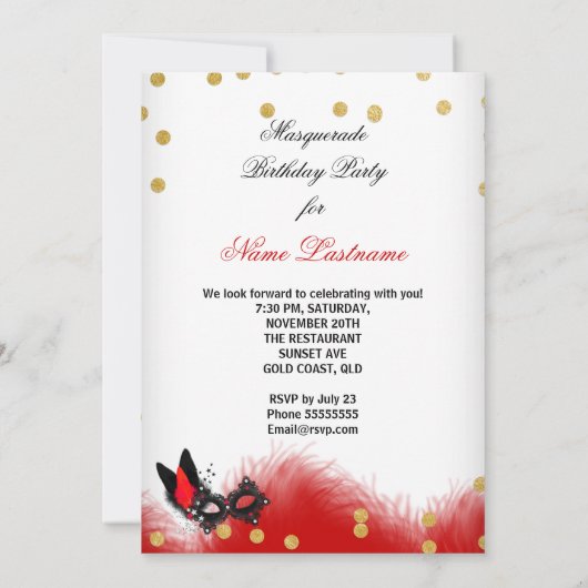仮装パーティーレッドヒール白金ゴールドブラックマスク2 招待状 (裏面)