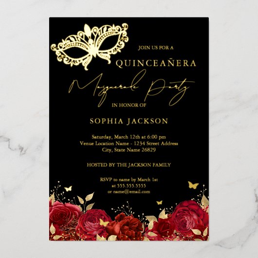 仮装パーティーレッド金ゴールドバラマスクキンセアニェラ 箔招待状 (正面)