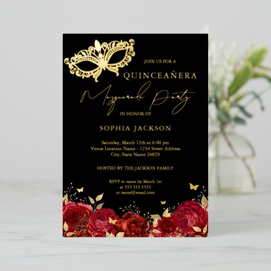 仮装パーティーレッド金ゴールドバラマスクキンセアニェラ 箔招待状 (立ち正面)