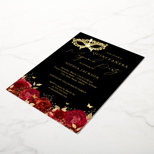 仮装パーティーレッド金ゴールドバラマスクキンセアニェラ 箔招待状 (回転した状態)