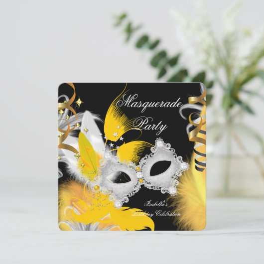 仮装パーティー誕生日イエローマスクホワイトブラック 招待状 (スタンド正面)