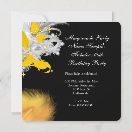 仮装パーティー誕生日イエローマスクホワイトブラック 招待状 (裏面)