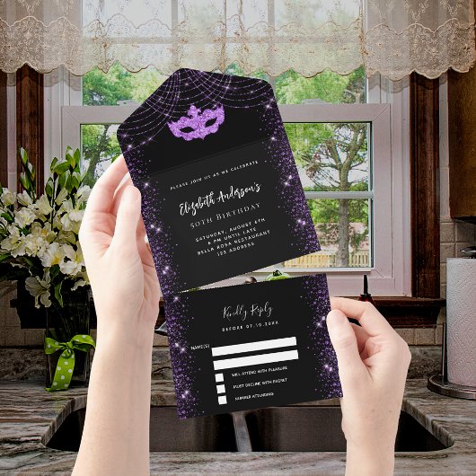 仮装パーティー誕生日ブラックパープルマスクRSVP オールインワン招待状