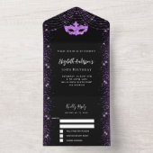 仮装パーティー誕生日ブラックパープルマスクRSVP オールインワン招待状 (内側)