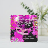 仮装パーティー誕生日ホットピンクマスク羽毛3 招待状 (スタンド正面)