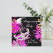 仮装パーティー誕生日ホットピンクマスク羽毛 招待状 (スタンド正面)