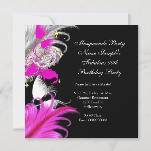 仮装パーティー誕生日ホットピンクマスク羽毛 招待状 (裏面)