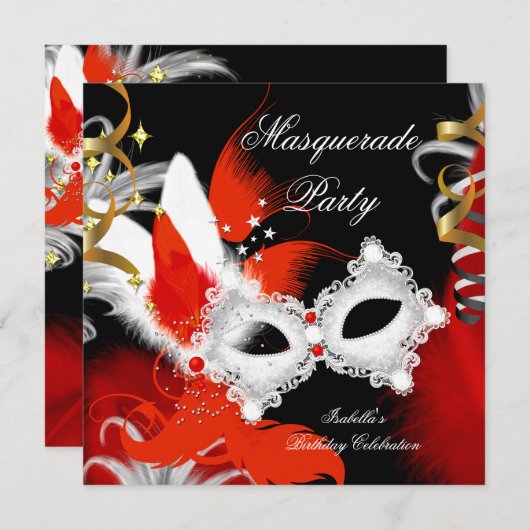 仮装パーティー誕生日レッドマスク白黒2 招待状 (正面/裏面)