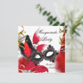 仮装パーティー誕生日レッドマスク白黒 招待状 (スタンド正面)