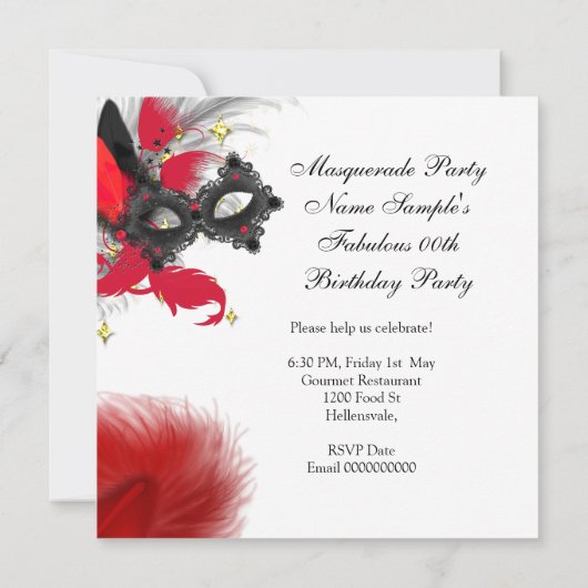 仮装パーティー誕生日レッドマスク白黒 招待状 (裏面)