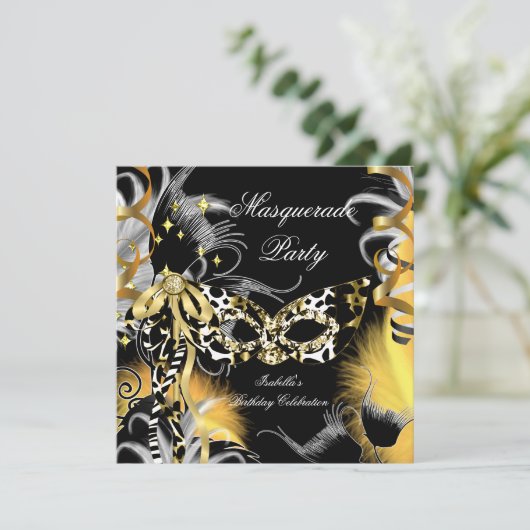 仮装パーティー誕生日ワイルドマスクブラック金ゴールド3 招待状 (スタンド正面)