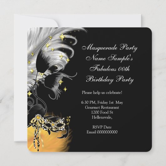 仮装パーティー誕生日ワイルドマスクブラック金ゴールドA 招待状 (裏面)