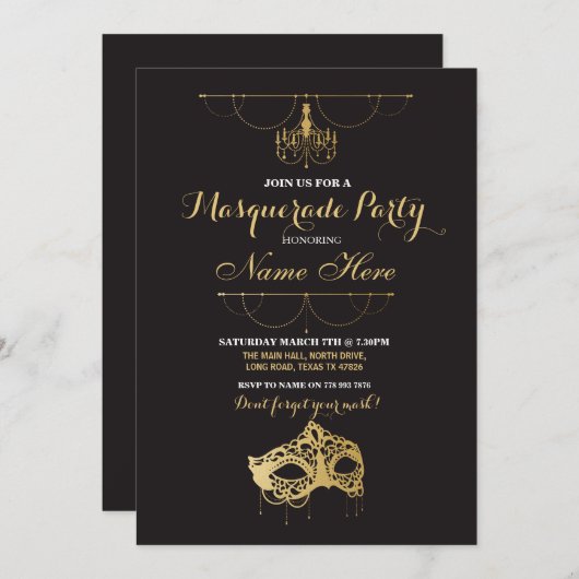 仮装パーティー誕生日金ゴールドマスク招待状 招待状 (正面/裏面)