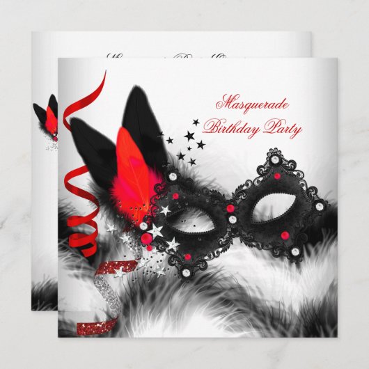仮装パーティー赤白ブラックマスク 招待状 (正面/裏面)