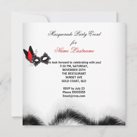 仮装パーティー赤白ブラックマスク 招待状 (裏面)