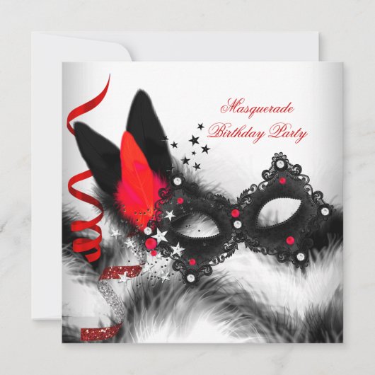 仮装パーティー赤白ブラックマスク 招待状 (正面)