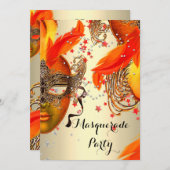 仮装パーティー金ゴールドイエローオレンジクリームマスク 招待状 (正面/裏面)