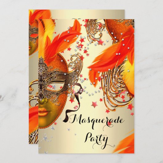 仮装パーティー金ゴールドイエローオレンジクリームマスク 招待状 (正面/裏面)