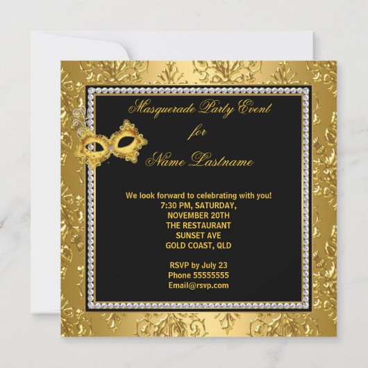 仮装パーティー金ゴールドダマスクブラックイエローマスク3 招待状 (裏面)