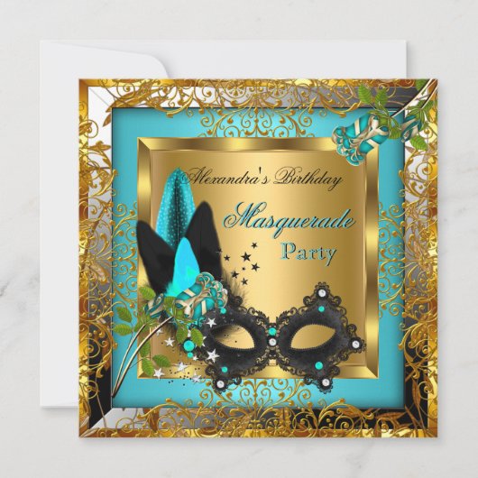 仮装パーティー金ゴールドティール(緑がかった色)ブラックマスクバラ 招待状 (正面)