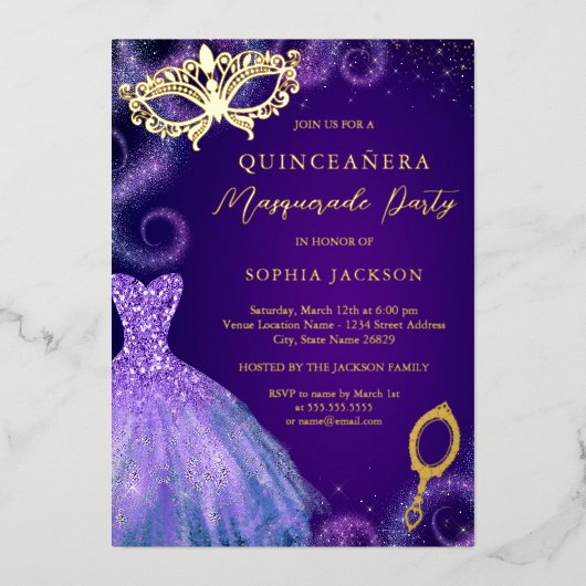 仮装パーティー金ゴールドパープルドレスキンセアニェラ 箔招待状 (正面)