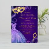 仮装パーティー金ゴールドパープルドレスキンセアニェラ 箔招待状 (立ち正面)