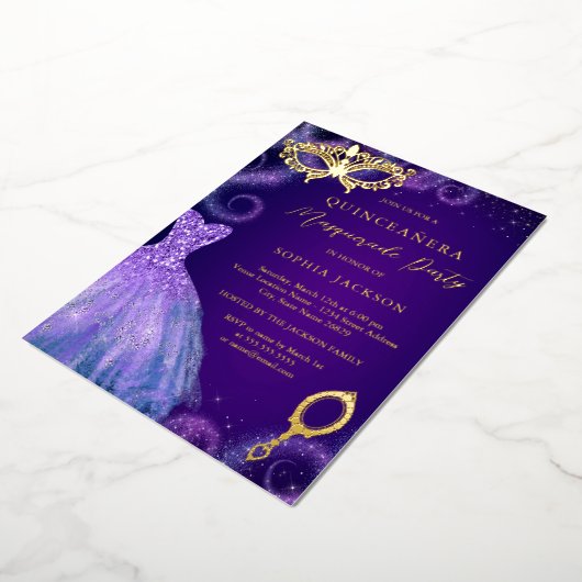 仮装パーティー金ゴールドパープルドレスキンセアニェラ 箔招待状 (回転した状態)