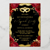 仮装パーティー金ゴールドレッドローズレースキンセアニェラ 箔招待状 (正面)